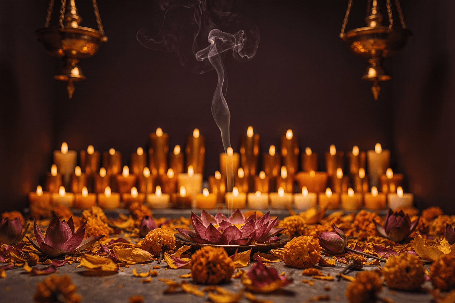 Candlelight, lotus and incense — the House of Kala atmosphere